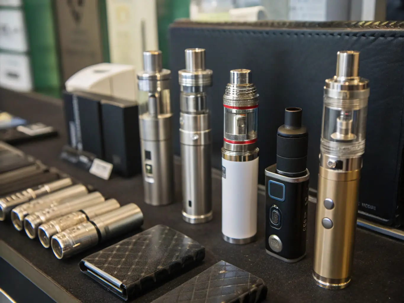 A close-up shot of the GeekVape Aegis X Mod, highlighting its rugged design and large color display, set against a backdrop of vaping accessories.